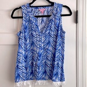 Lilly Pulitzer blue palm-print tank with fringe trim